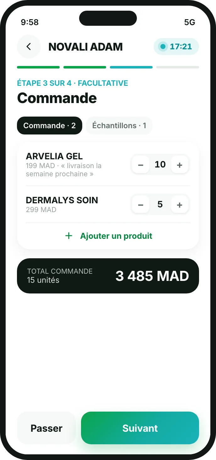 Étape 3 de la visite : commande de deux produits avec quantités et total en dirhams, onglet échantillons.