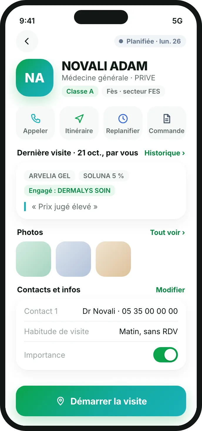 Fiche d'un médecin avant la visite : classification, dernière visite, photos et bouton Démarrer la visite.